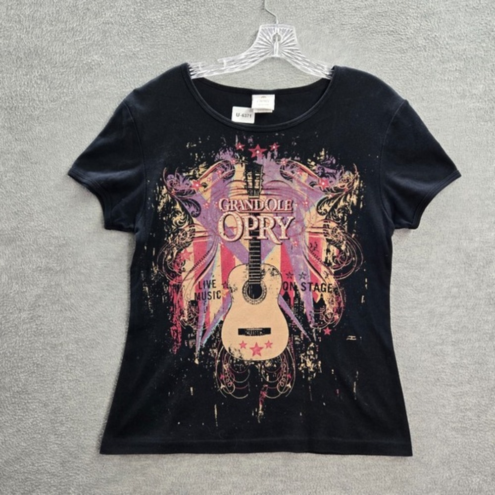 Grand Ole‎ Opry Women Top XL Black Y2K Shirt Logo Rhinestones Guitar Music USA